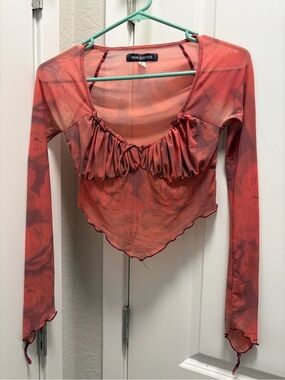 Urban Outfitters Coral Red Floral Ruched Crop Top with Thumb/ Wrist Rings
